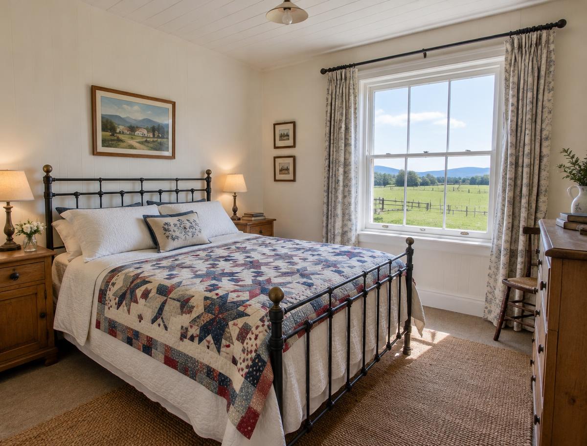 Bedroom with iron bed and quilt