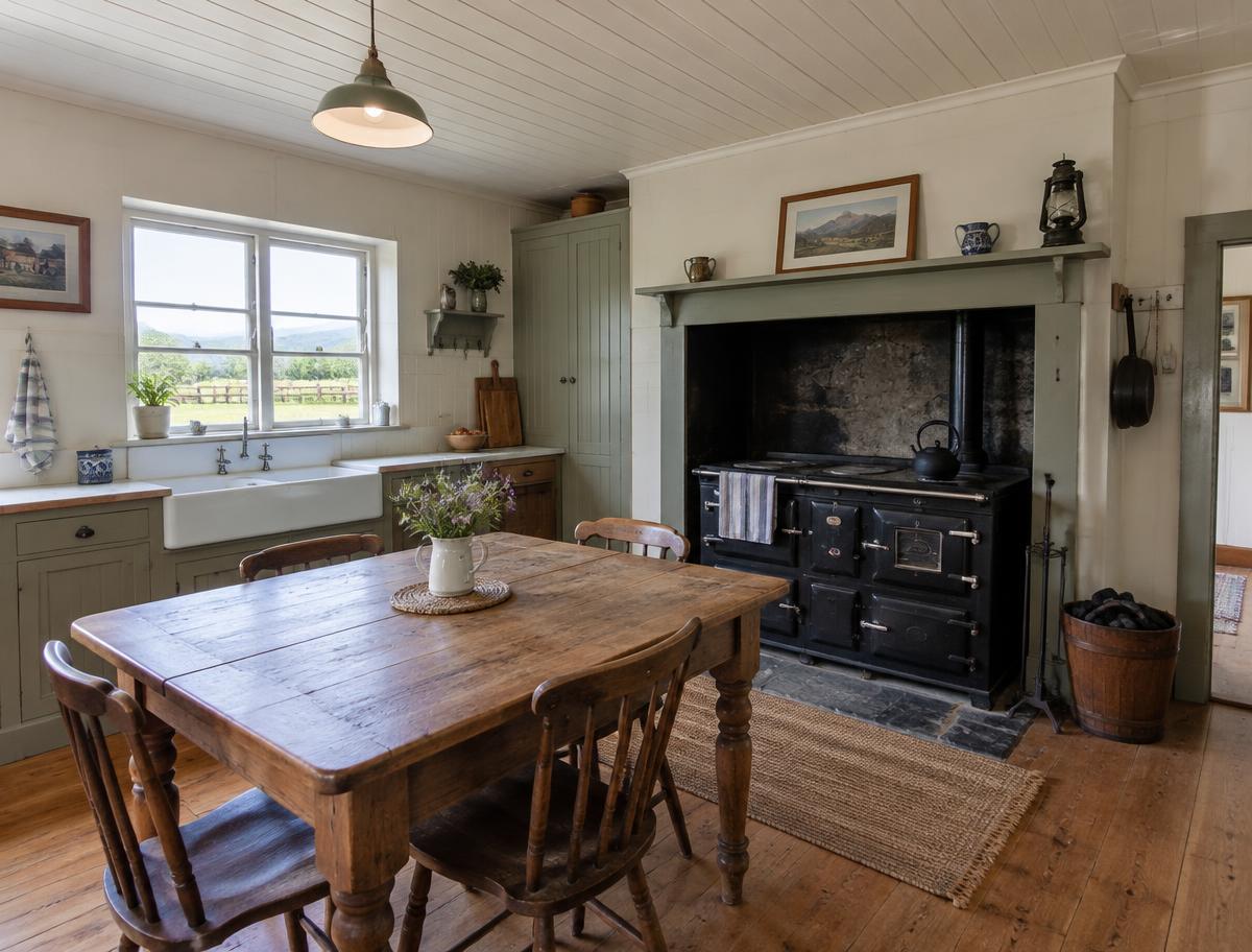 Farmhouse kitchen with range and timber table