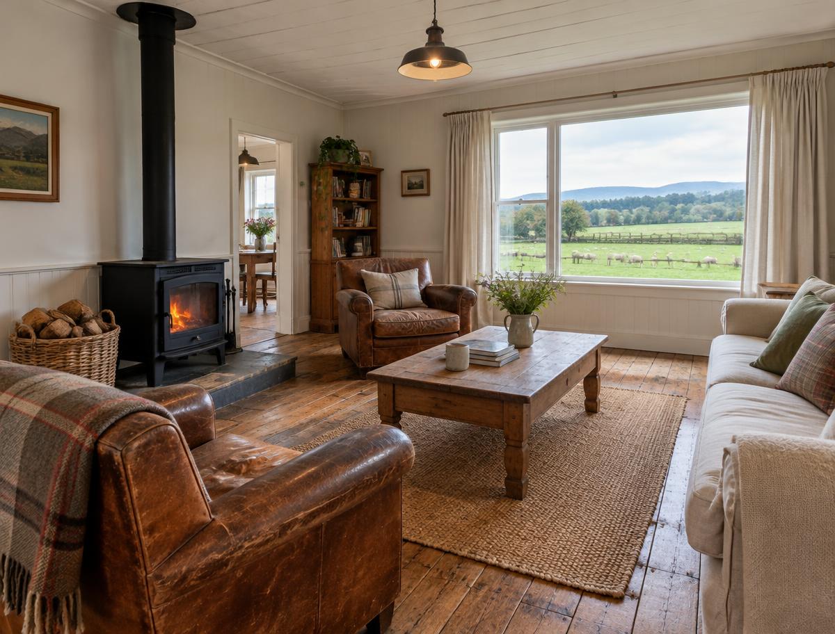 Farmhouse lounge with wood burner and paddock views