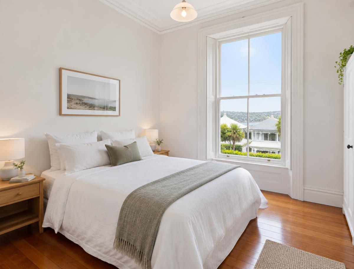 Main bedroom with tall sash window