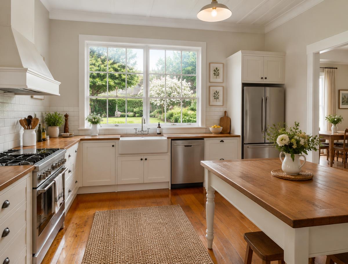 Country kitchen with timber benchtops