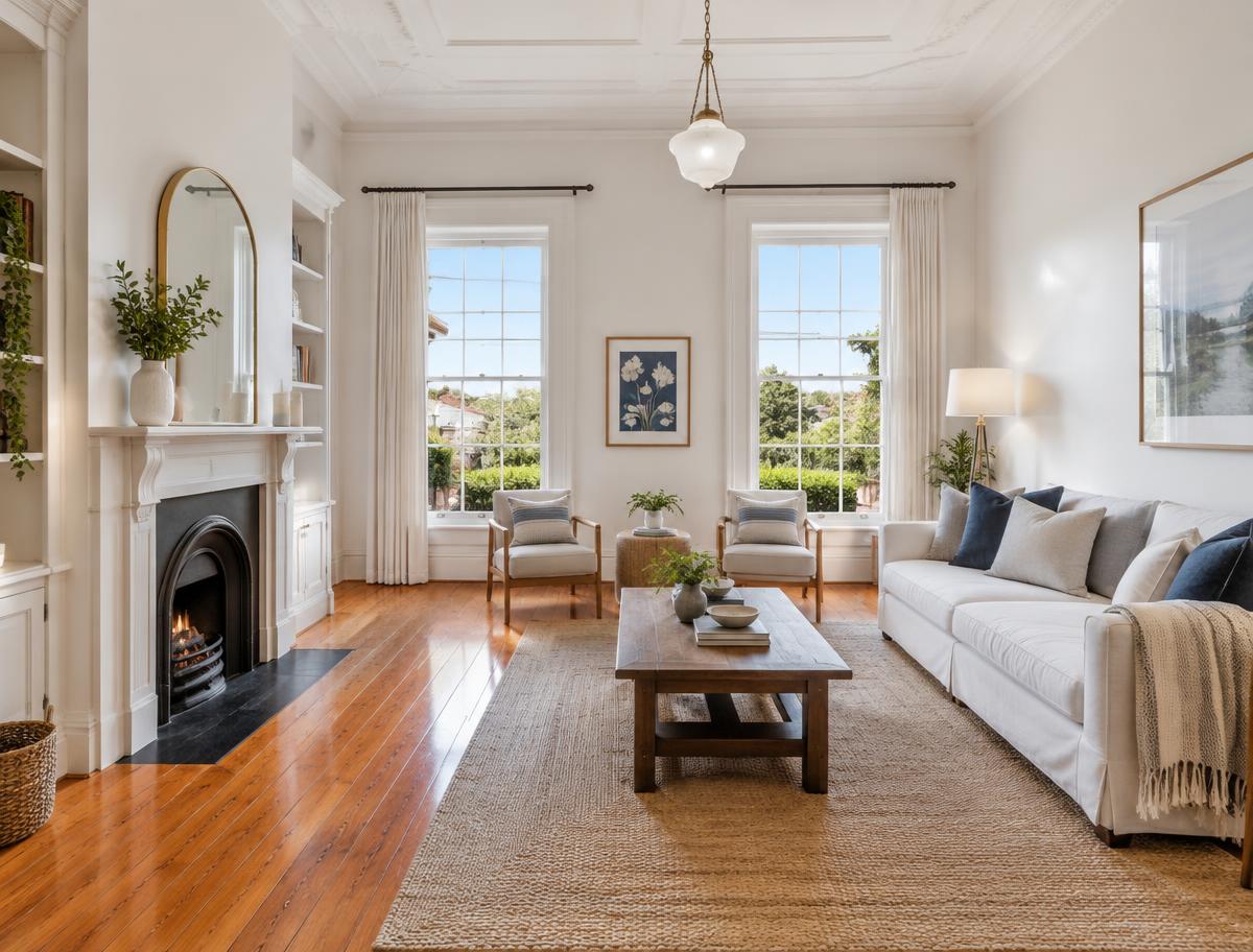 Lounge with fireplace and sash windows