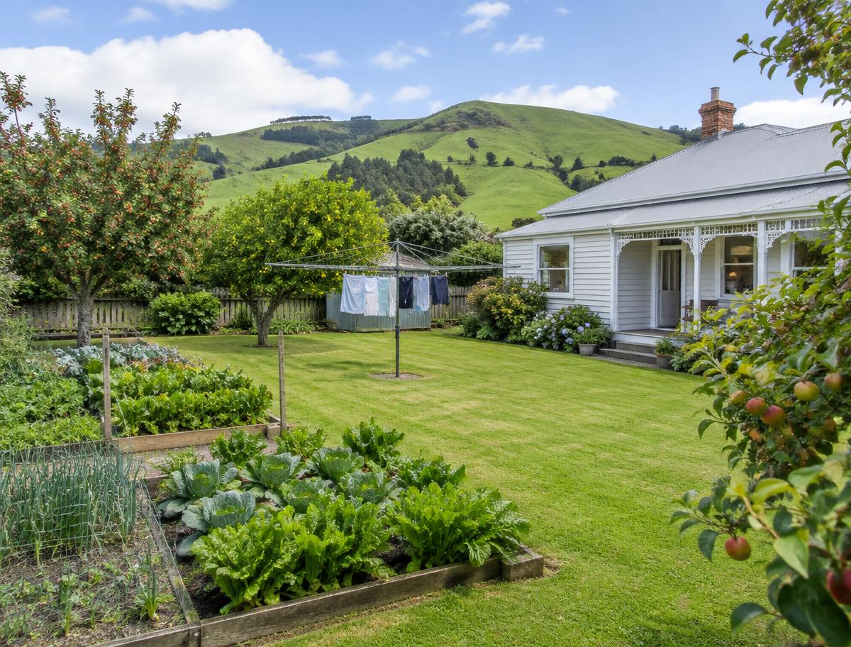 Back lawn, vegetable beds and fruit trees