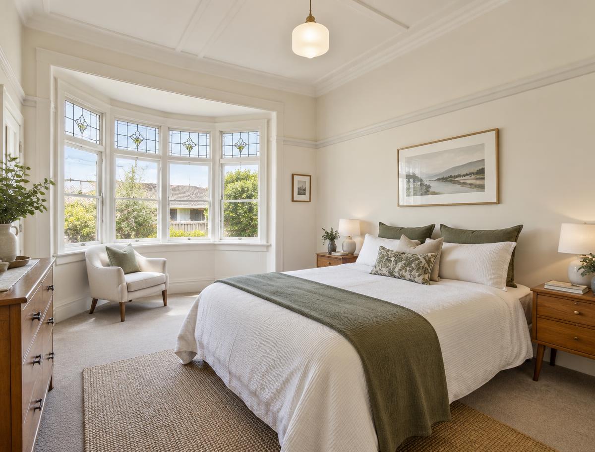 Bedroom with leadlight bay window