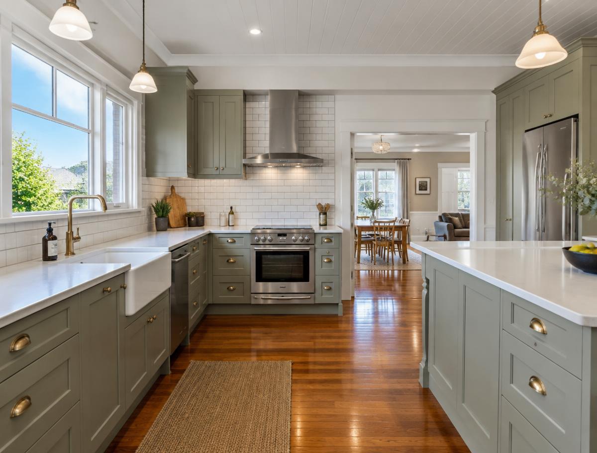 Renovated kitchen with sage cabinetry