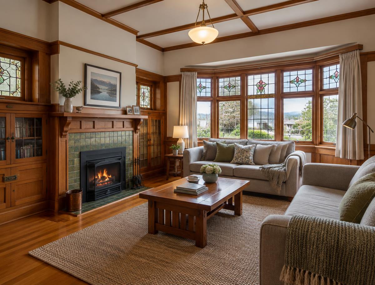 Lounge with leadlight bay window and fireplace
