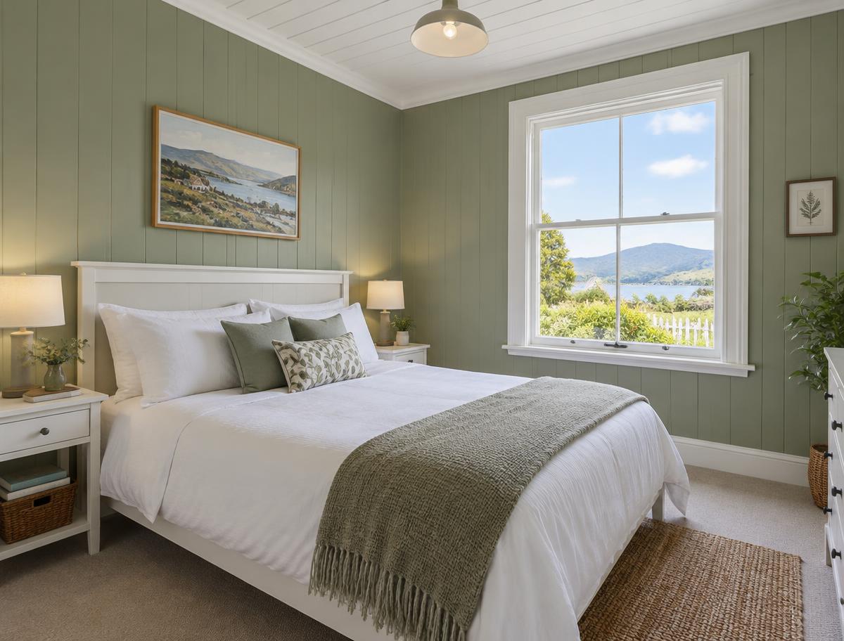 Sage-panelled bedroom