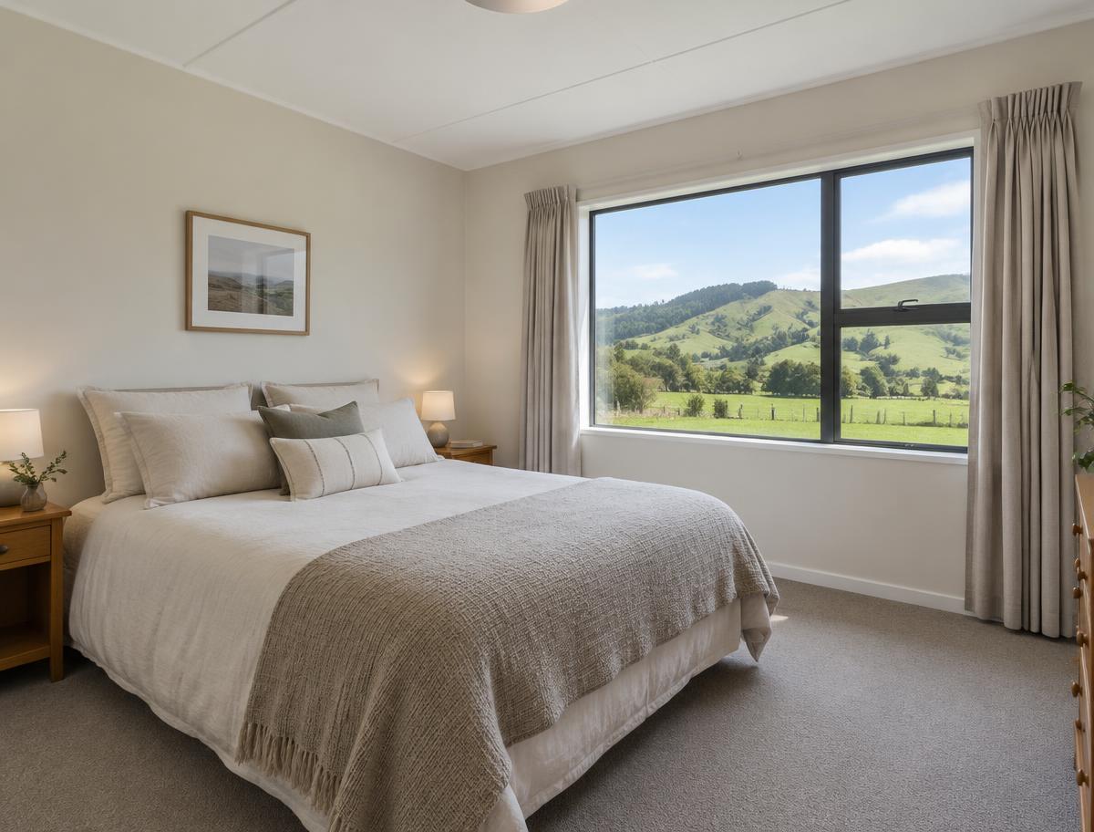 Bedroom with a big window to the hills