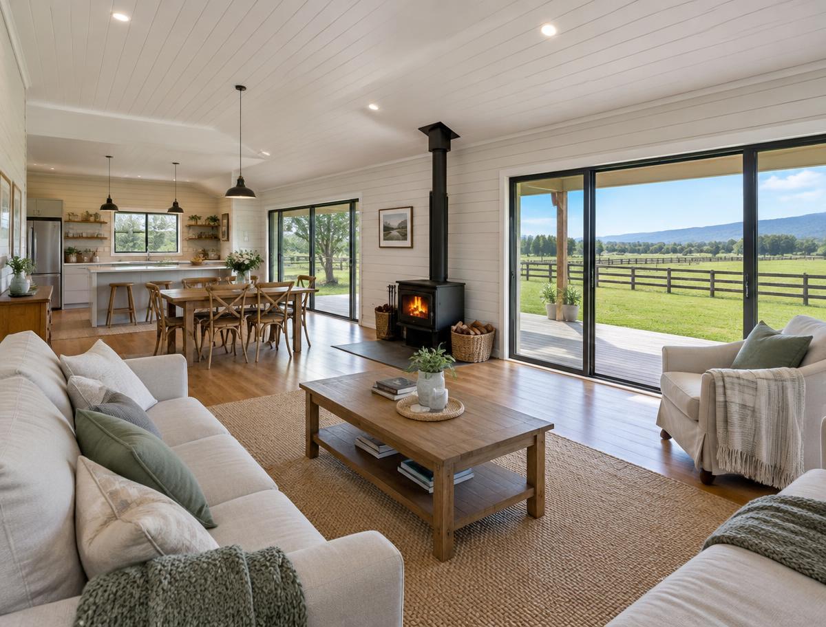 Open-plan living with wood burner and paddock views